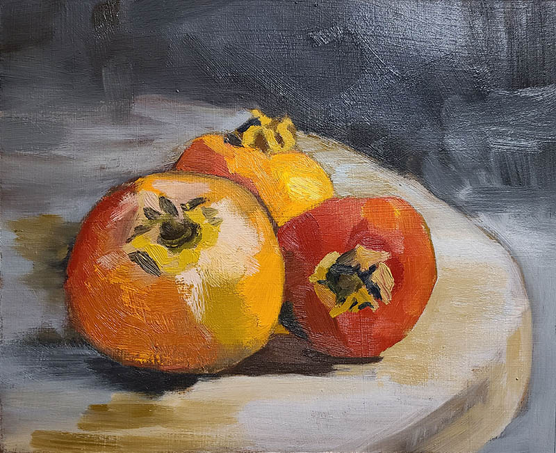 Image is a photo of artwork by artist Chrissy Roshak, titled: Persimmons. Oil on paper. Completed in 2020. © Chrissy Roshak.